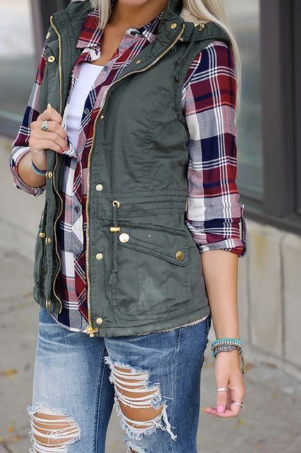 Love the look of this olive vest with the plaid and distressed jeans