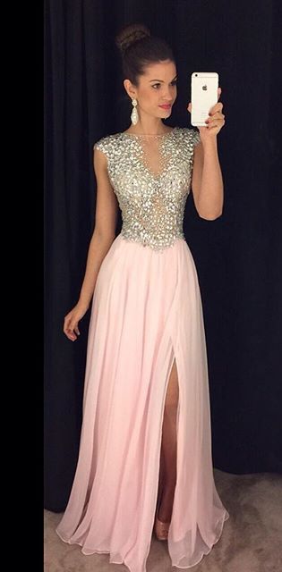 luxurious 2017 long pink prom dress with side slit, formal evening dress