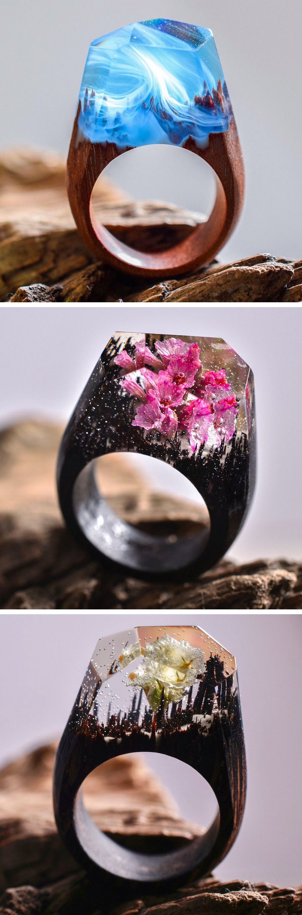 New Ethereal Worlds Encapsulated In Wood and Resin Rings