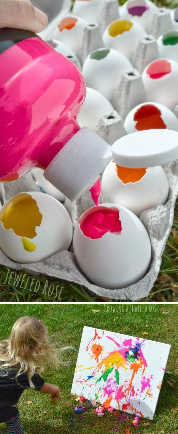 Paint Filled Eggs on Canvas. Fill eggs with paint and toss them at canvas! This ga