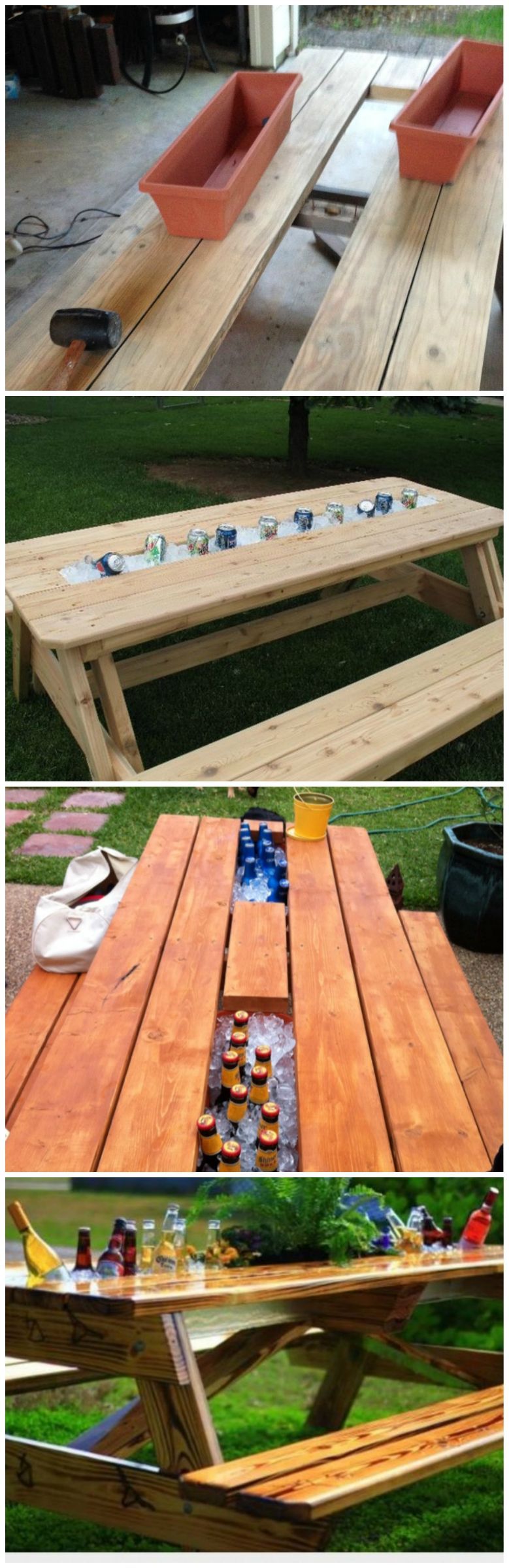 Replace board of picnic table with rain gutter. Fill with ice and enjoy! … How does it look ?