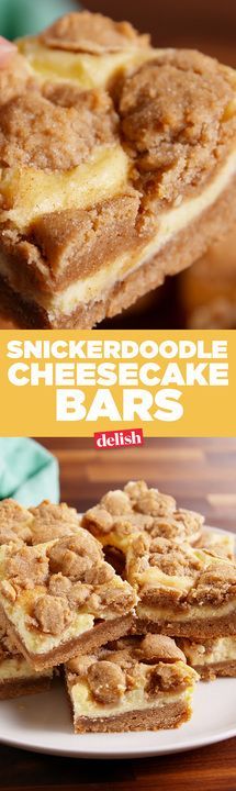 Snickerdoodle Cheesecake Bars are crumbly on top and gooey in the center. Get the recipe from Delish.com.