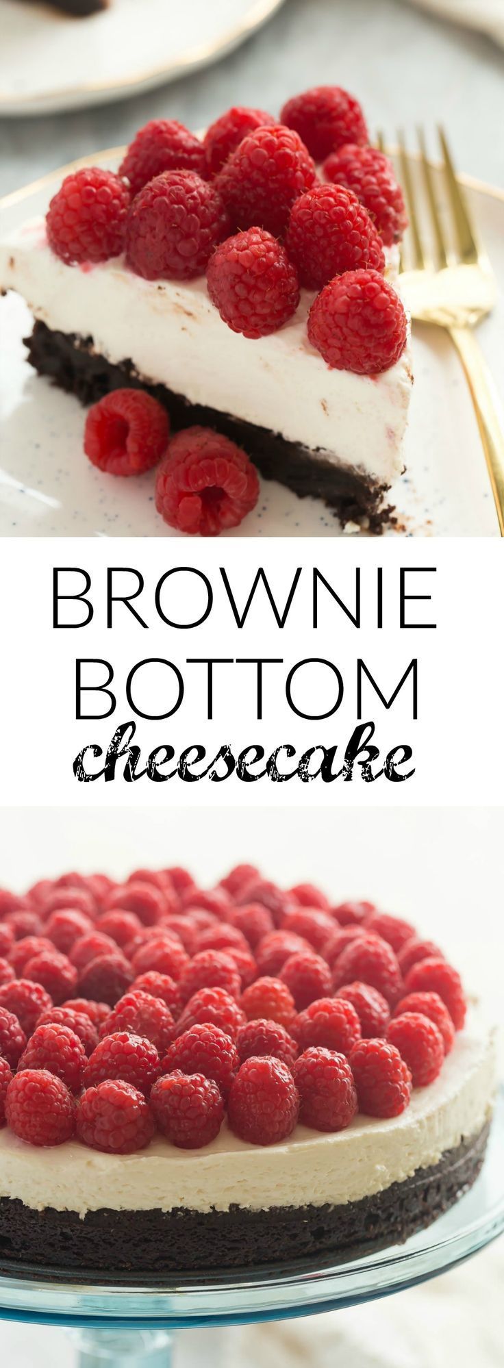 This Brownie Bottom Cheesecake is made with a fudgy, brownie base, a silky smooth no bake cheesecake and topped with piles of