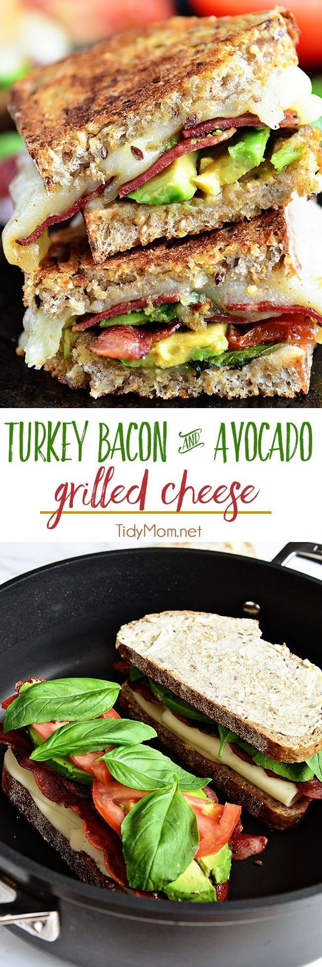 Turkey Bacon and Avocado Grilled Cheese sandwich loaded with fresh basil, tomatoes and mozzarella cheese on a hearty artisan