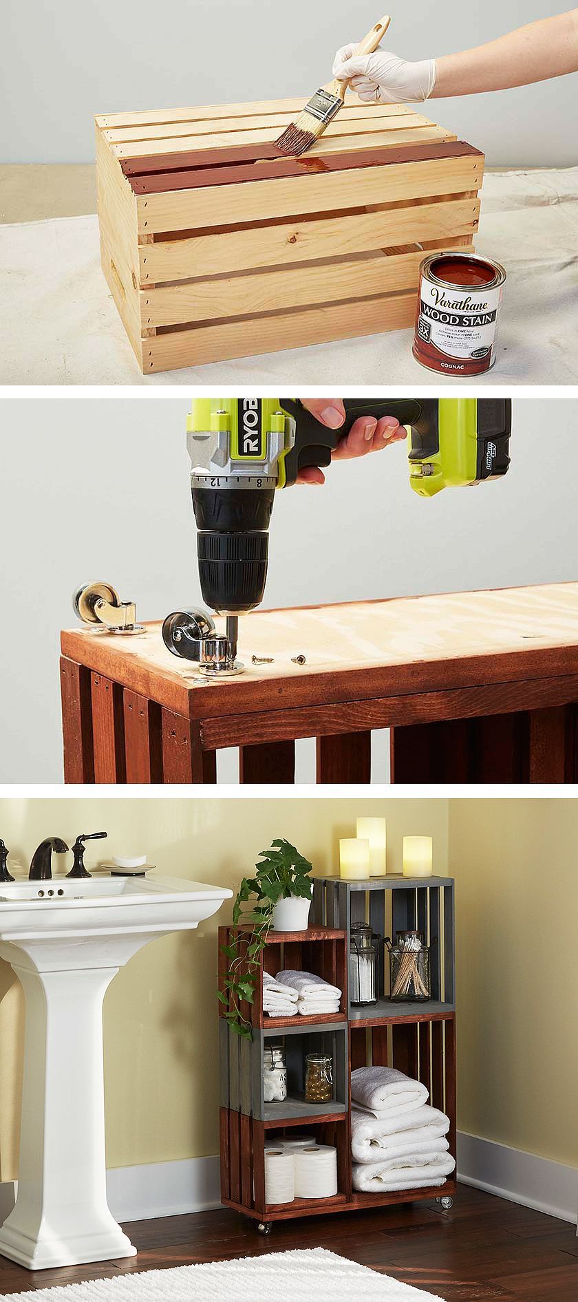 Turn ordinary wooden crates into cool bathroom storage on wheels. Just follow our step-by-step tutorial.
