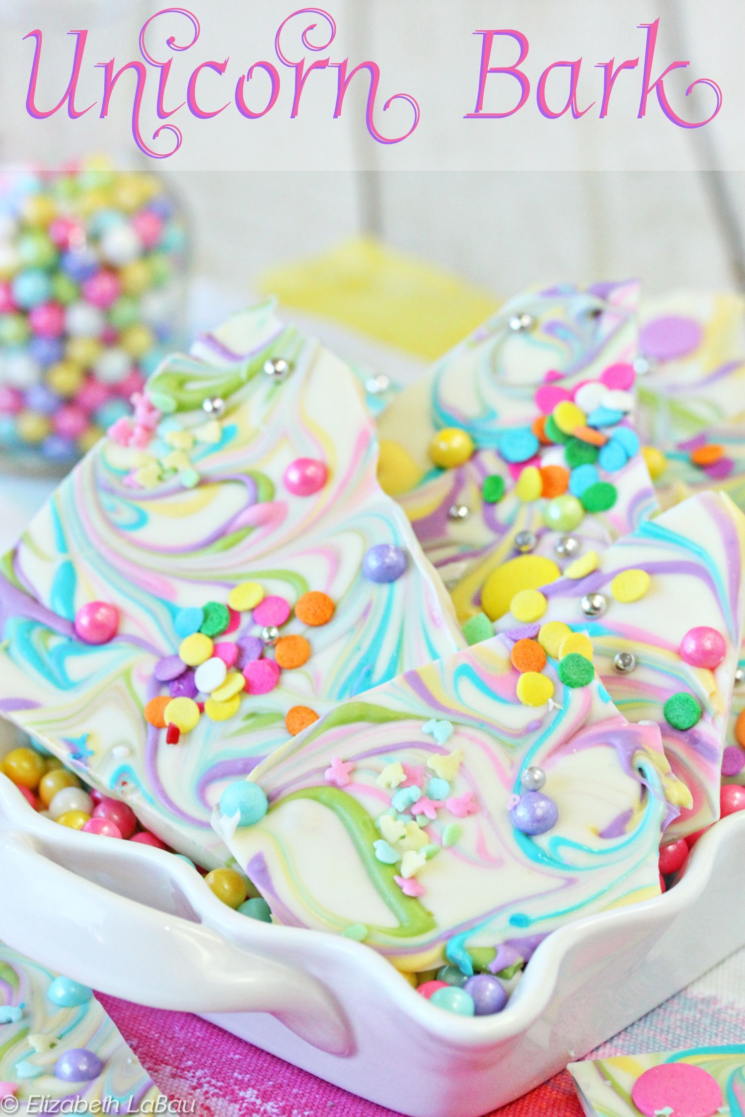 Unicorn Bark: a fun and sparkly bark with pastel swirls, sprinkles, and candy beads. | From candy.about.com