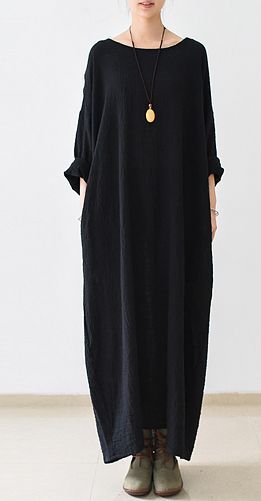 2016 fall thin black linen dresses long sleeve linen caftans gown