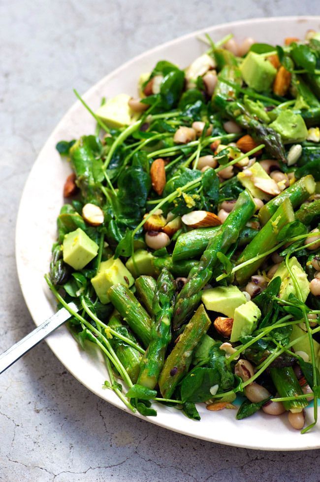 Asparagus Salad by Homespun Capers. Panfried asparagus with lemon and caraway, tossed with pea shoots, white beans and avocado. A
