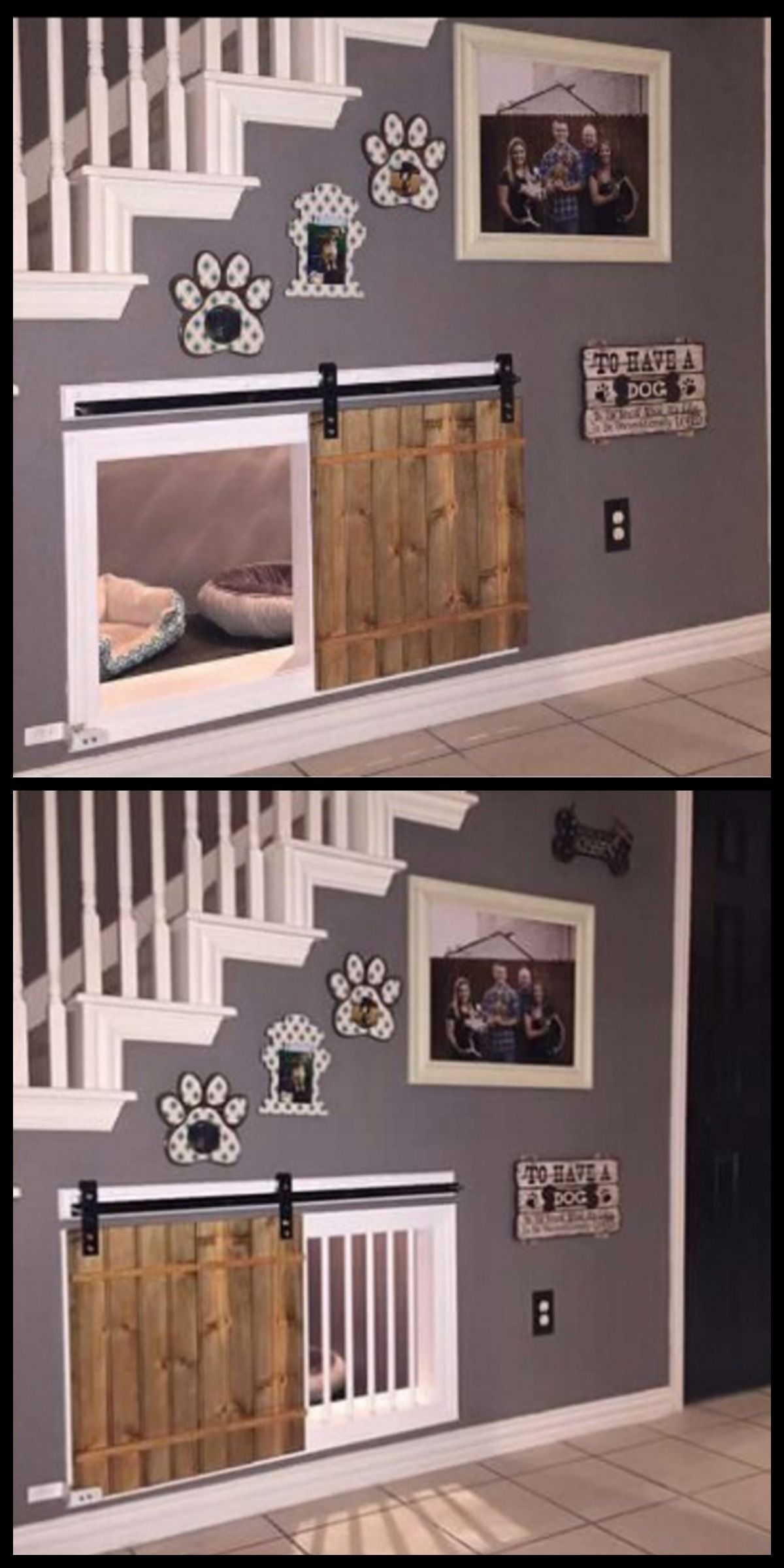 Awesome dog kennel under the stairs design idea. If you want an indoor dog house, utilizing the space under the stairs for a cozy,