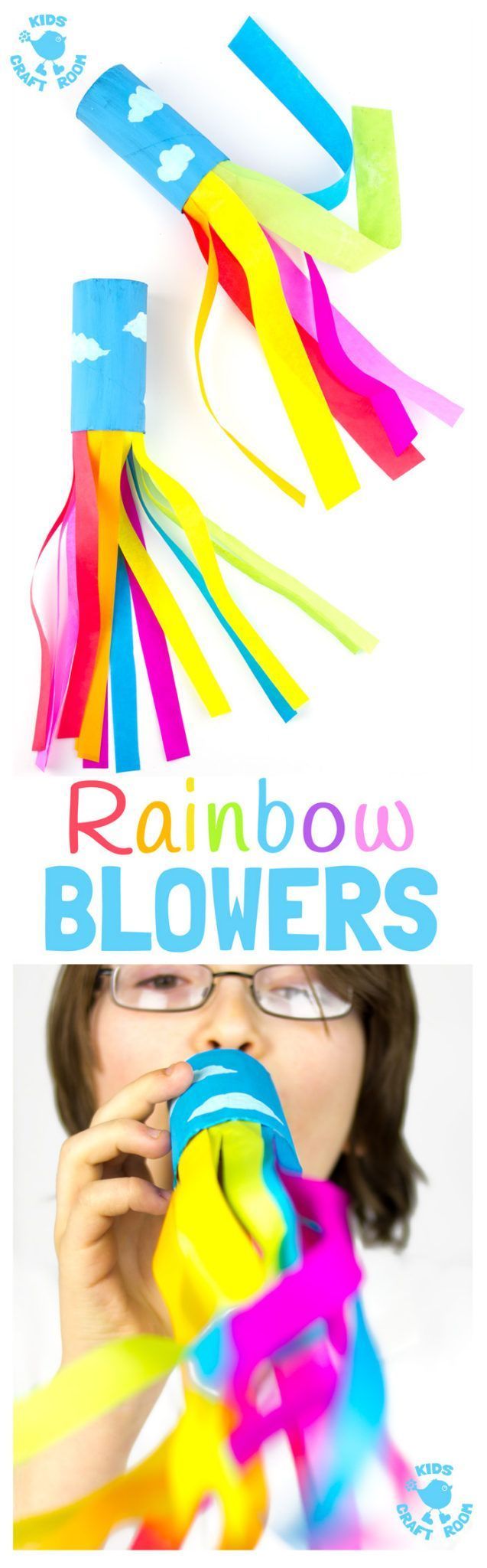 CARDBOARD TUBE RAINBOW BLOWERS are a colourful and fun kids craft! Kids love blowing this rainbow craft to see the streamers