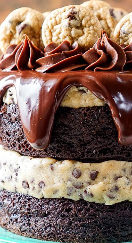 Chocolate Chip Cookie Dough Cake ~ Made with two layers of delicious chocolate cake and two layers of edible cookie dough then
