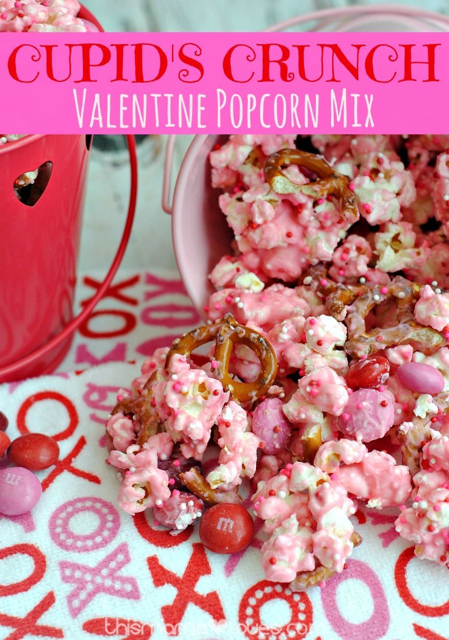 Cupids Crunch Valentine Popcorn Mix- This Mama Loves.  Your family will love this fun recipe for Valentines Day.