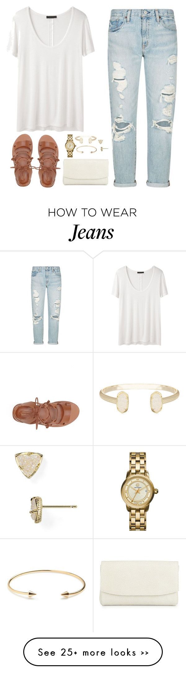 distressed blue jeans white tee brown sandals shoes