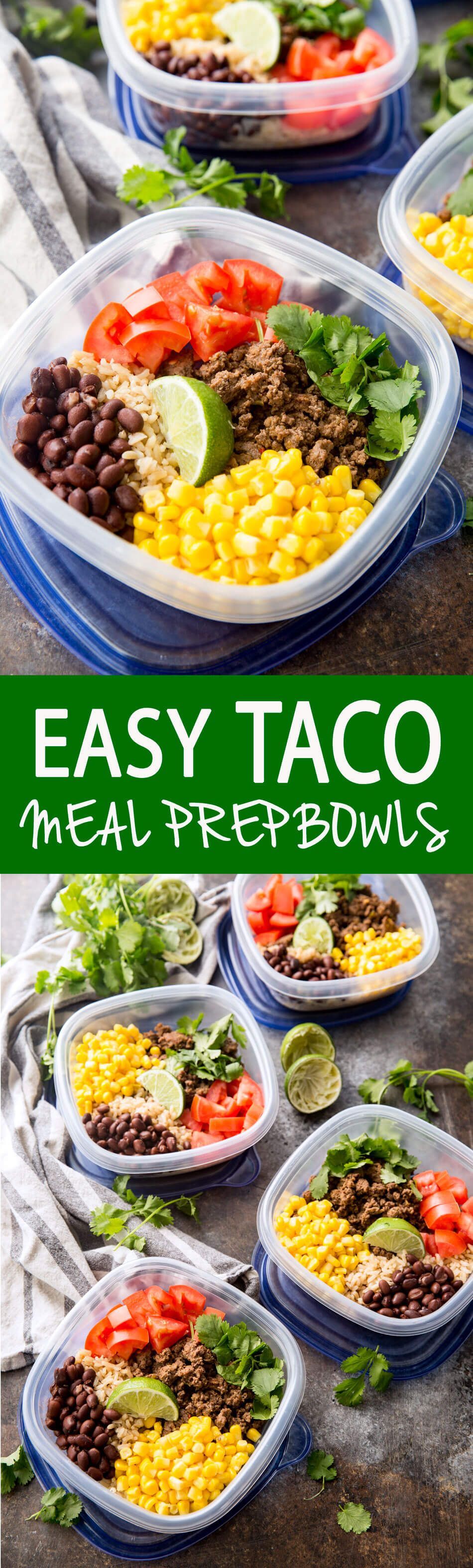 Easy Taco Meal Prep Bowls with Salsa Verde Beef and extras like corn, tomatoes, cilantro, and black beans. I swear these are
