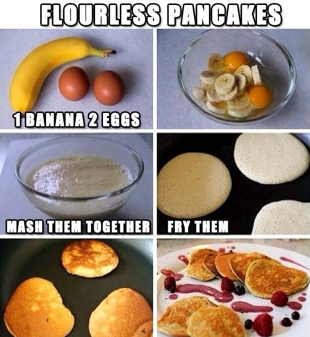 Flour less pancakes. Healthy breakfast for weight loss. 2 eggs and one banana. Mash them together and fry them!
