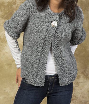 Free Knitting Pattern for Easy Quick Swing Coat - One-button cardigan jacket is knitted from the top down in one piece. Quick knit