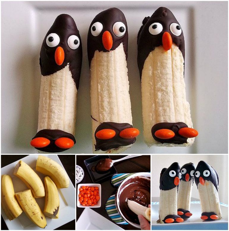 Frozen Banana Penguins.  Bananas, orange M&Ms, melted choc, and candy eyes.