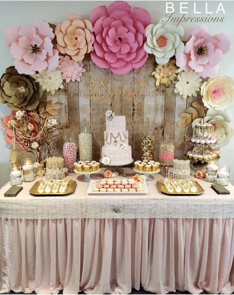 IG  @bella_impressions & @kitoscakes  Blush & Gold Dessert table – paper flower backdrop – cakes – name sign – linen – cupcakes –