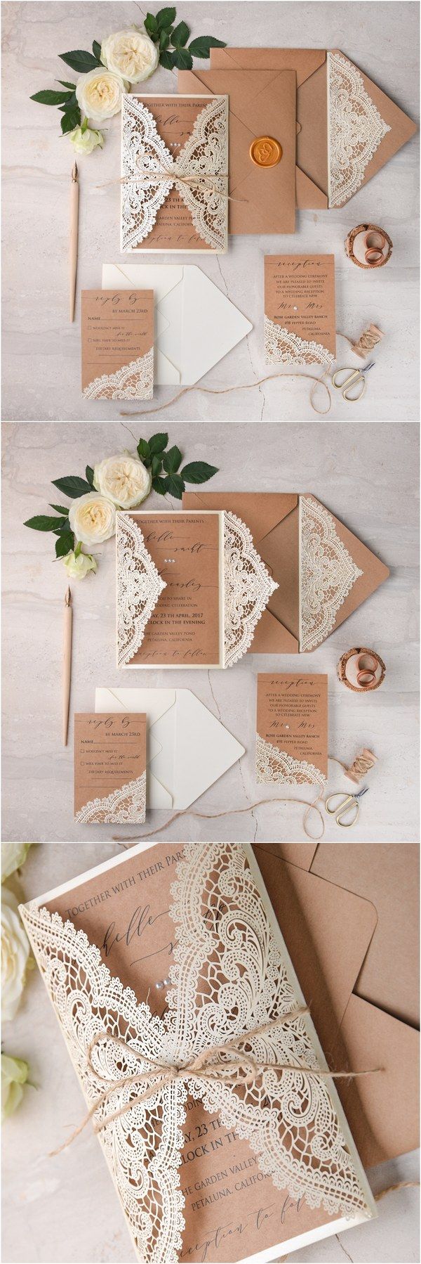 Ivory kraft paper laser cut lace rustic wedding invitations 02lCNz / www.deerpearlflow…