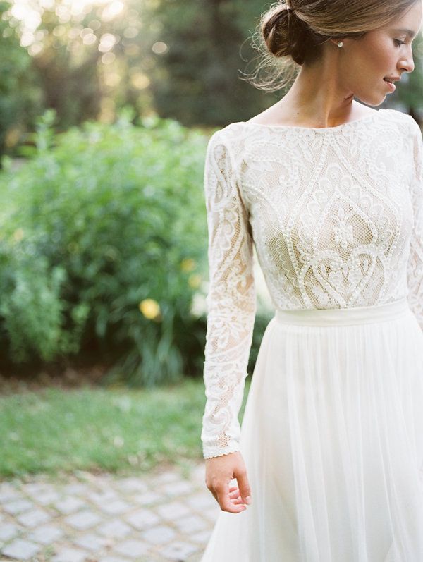 Long sleeves full lace wedding dress flowing skirt | bohemian | Melanie by FLORA