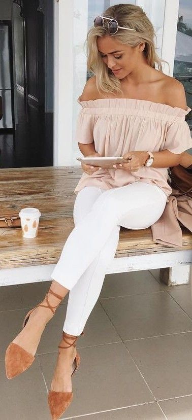 Nude Off The Shoulder Top + White Pants Source