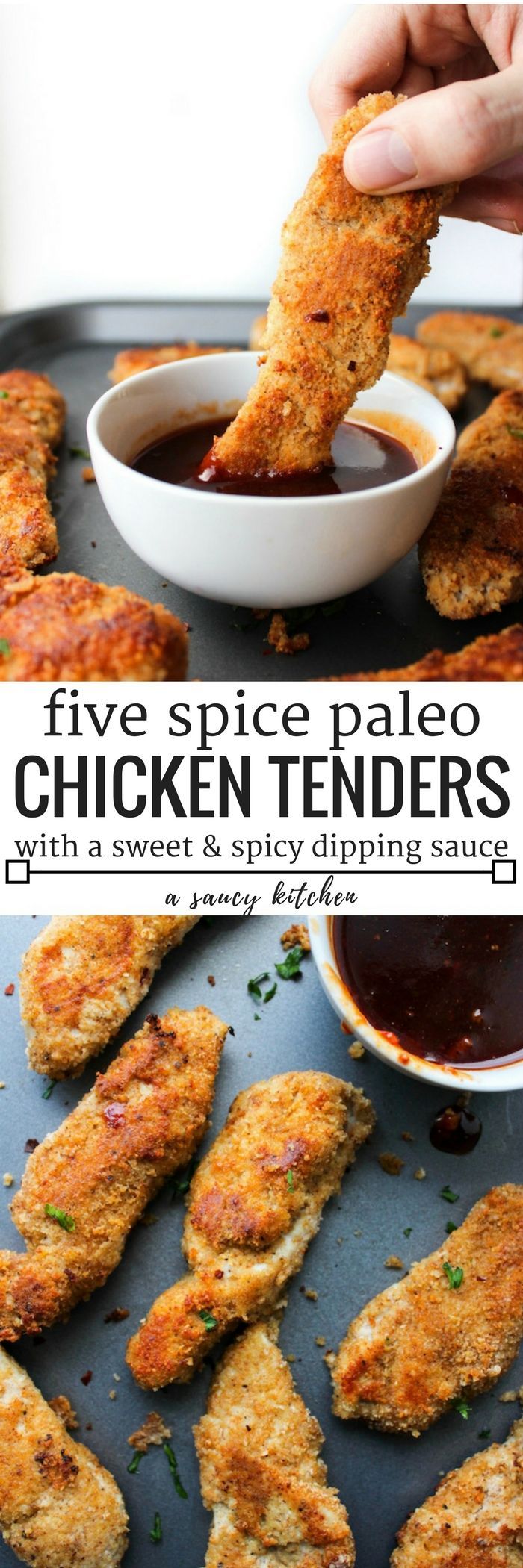 Paleo Chicken Tenders crusted in a almond flour blen with Chinese five spice & a sweet & spicy Asian sauce | Gluten Free + Low