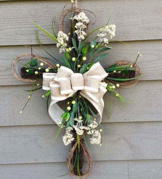 REPLICATE THIS. INCORPORATE TWIGS TO MAKE CURRENT LARGER. Easter Cross Floral Cross Cross Door Hanger by BlueMountainBurlap