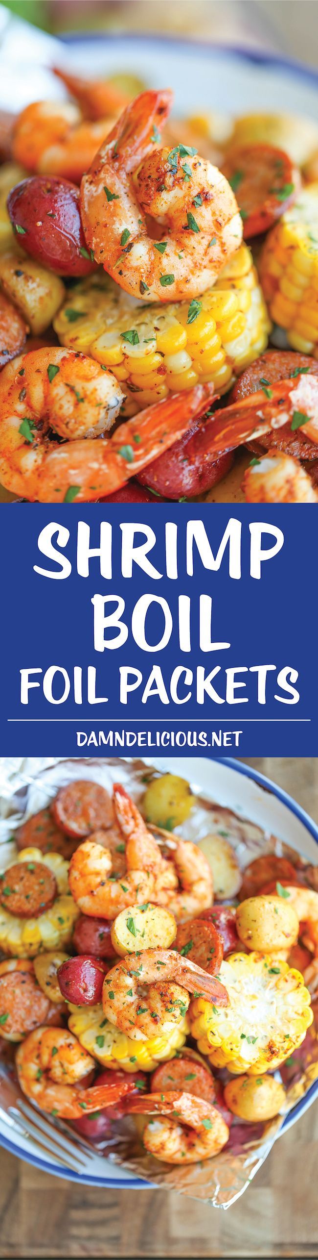 Shrimp Boil Foil Packets – Easy, make-ahead foil packets packed with shrimp, sausage, corn and potatoes. Its a full meal with zero