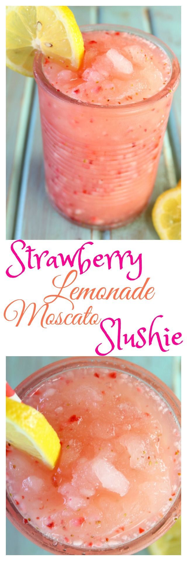 Strawberry Lemonade Moscato Slushie Recipe is a delicious cocktail for summer parties and get togethers. From MissintheKitchen.com