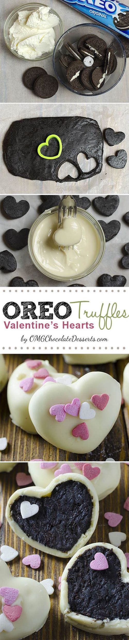 These are 3 ingredient heart shaped Oreo Cream Cheese Truffles covered with white chocolate, perfect for Valentines Day