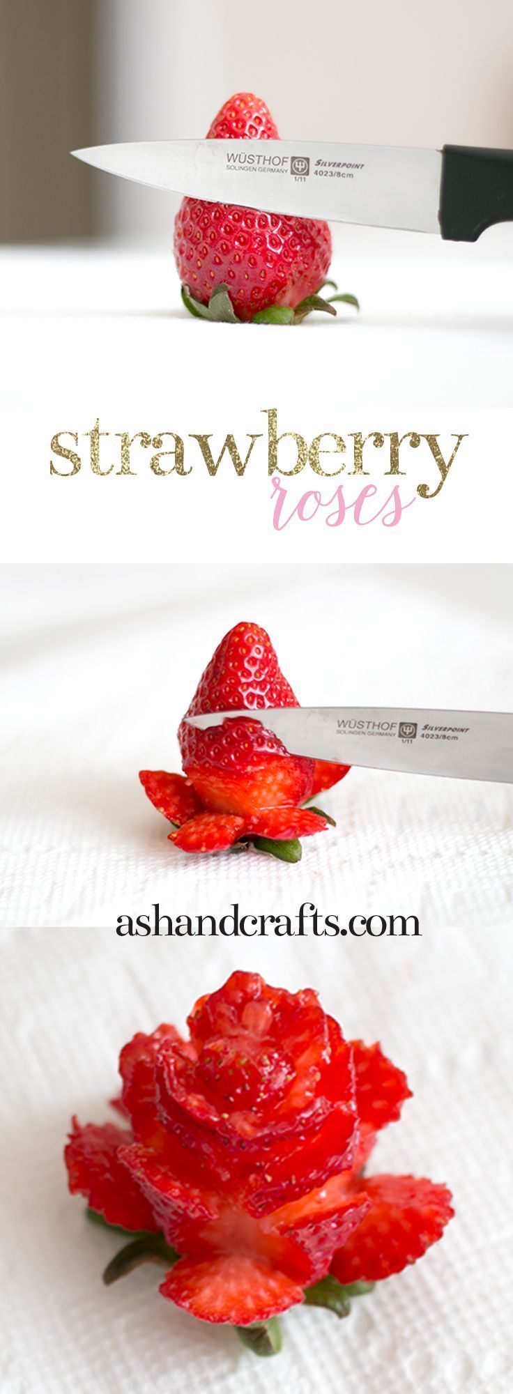 What a pretty way to serve strawberries as a snack or a cake cookie decoration alternative to icing!  Learn how to cut