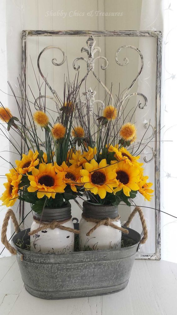 881 SHARES Share Tweet A mason jar, a couple sunflowers, some ribbon – and presto – some cute shabby chic decor. Or heck, you