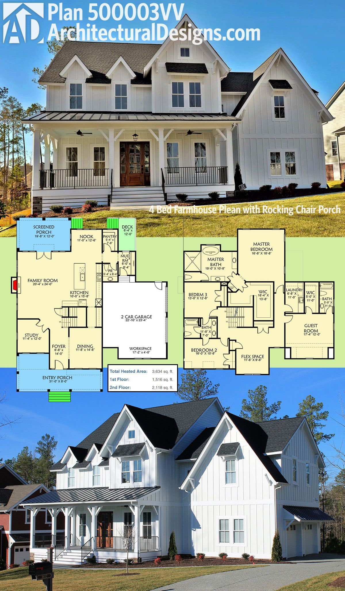 Architectural Designs Modern Farmhouse Plan 500003VV has a front porch that just screams “put my rocking chair on it”. All 4 beds