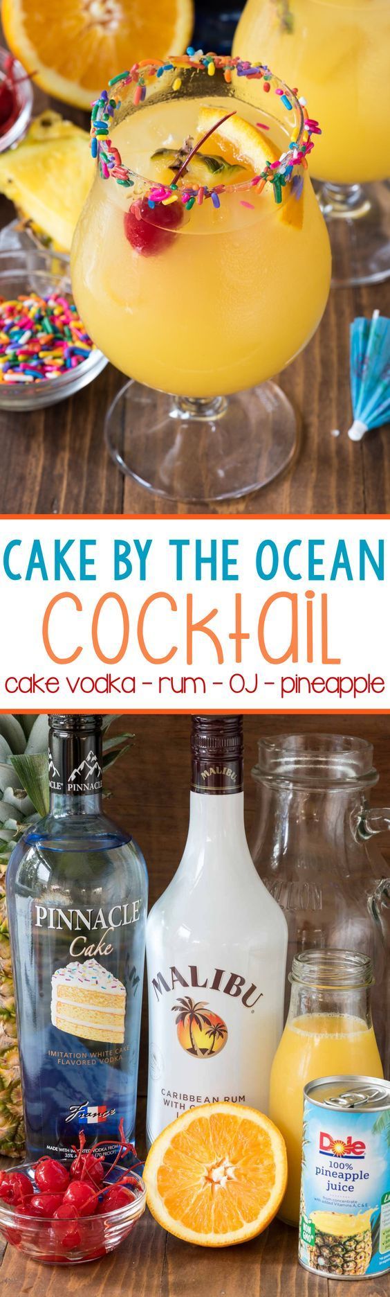 Cake by the Ocean Cocktail made with Cake Vodka, Coconut Rum, Orange and Pineapple Juices! You can whip up a pitcher of these in