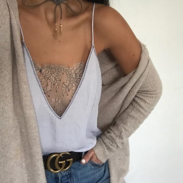 Camisole with deep V and lace detail, oatmeal cardigan, tan choker