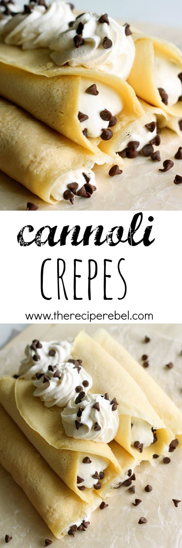 Cannoli Crepes: Soft homemade crepes filled with sweet ricotta cream and chocolate chips, topped with whipped cream and more