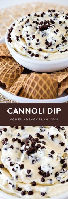 Cannoli Dip! An easy cannoli dip (that doesn’t taste like cream cheese!) mixed with delicious mini chocolate chips and served with