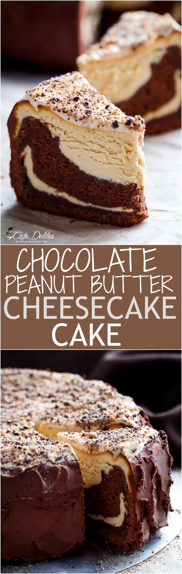 Chocolate Peanut Butter Cheesecake Cake made in the ONE pan! Creamy peanut butter cheesecake bakes on top of a fudgy chocolate