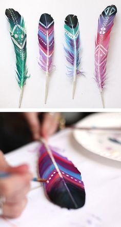 Diy Painted Feathers Here is a great Summer project can be used in Dream catchers, Quill pens , for Decorations or Fashion designs