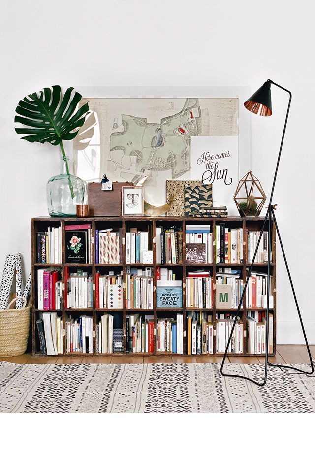 Eclectic bookshelf decor