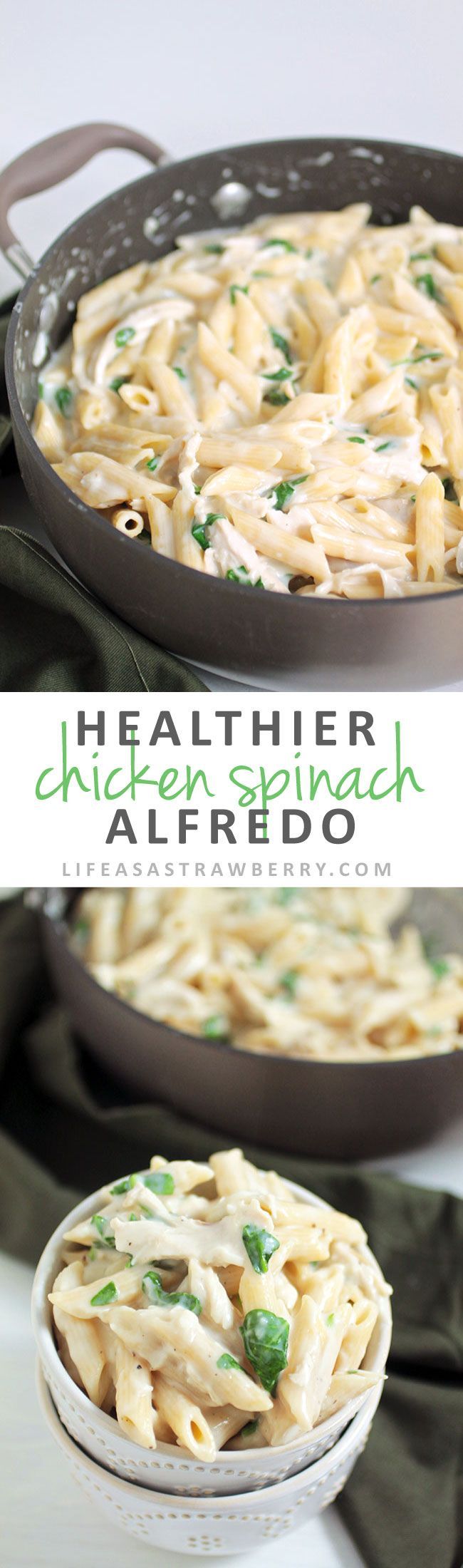 Healthier Chicken Spinach Alfredo | Lighten up a classic Fettuccine Alfredo recipe with this easy pasta recipe! Ready in 30