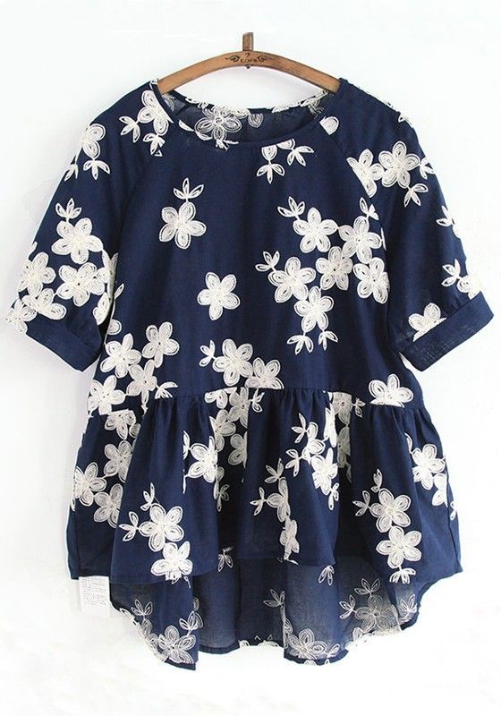 Navy Blue Flowers Embroidery Short Sleeve Blouse