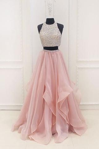 Pink chiffon tiered two pieces sequins A-line beaded long evening dresses,graduation dresses
