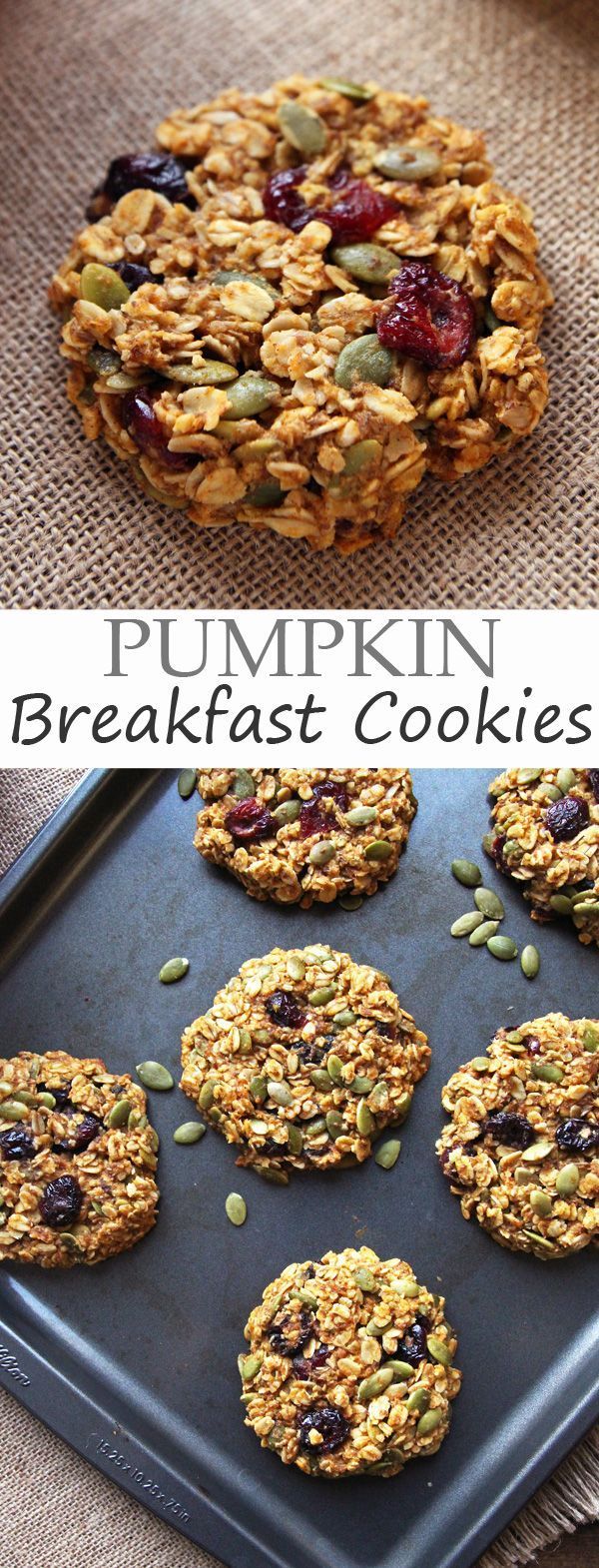 Pumpkin Breakfast Cookies drive home the fall flavor with pumpkin seeds and dried cranberries. They are GF, refined sugar-free