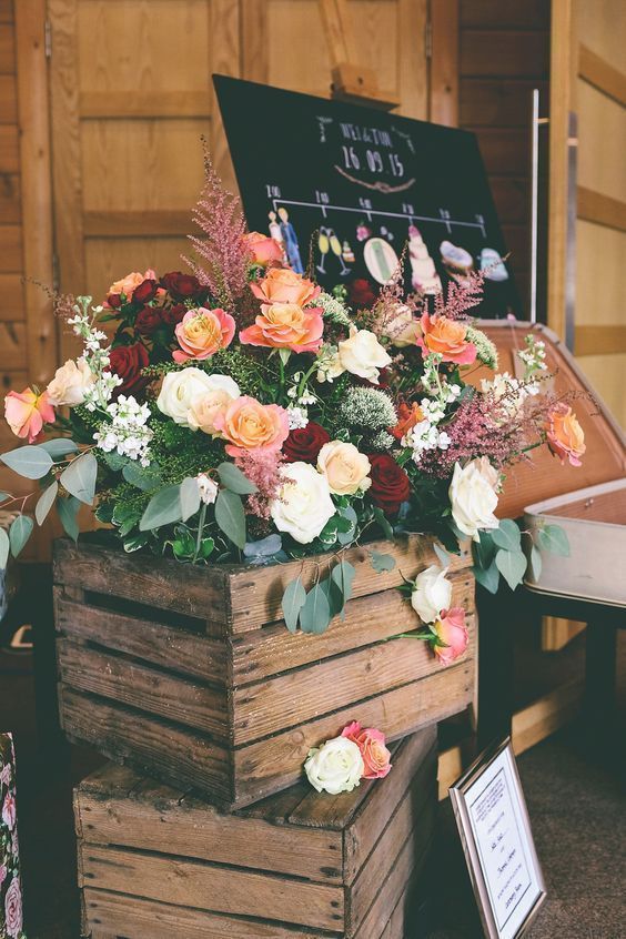 rustic wedding flowers with wooden crates / www.deerpearlflow…