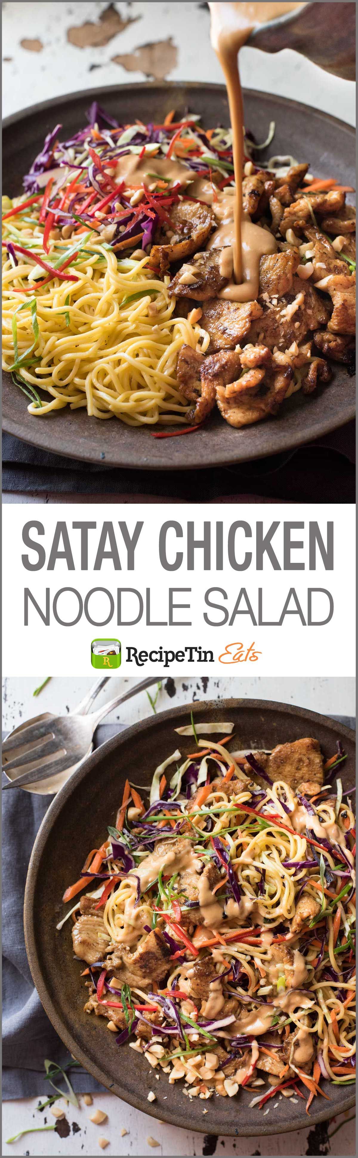 Satay Chicken Noodle Salad – Satay chicken tossed with noodles, veggies and a scrumptious creamy peanut dressing!