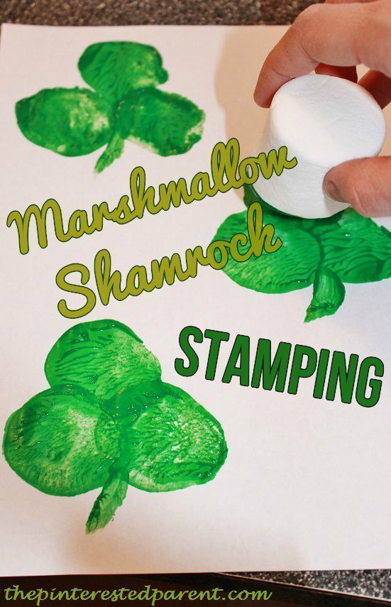 Shamrock marshmallow stamping other crafts for kids to celebrate St. Patricks Day.