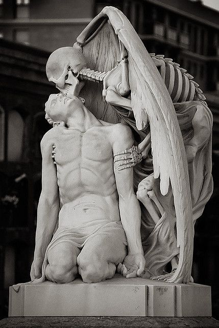 The Kiss of Death in Barcelona’s Poblenou Cemetery. 1930. White marble. Attributed to Jaume Barba, but possibly created by Joan