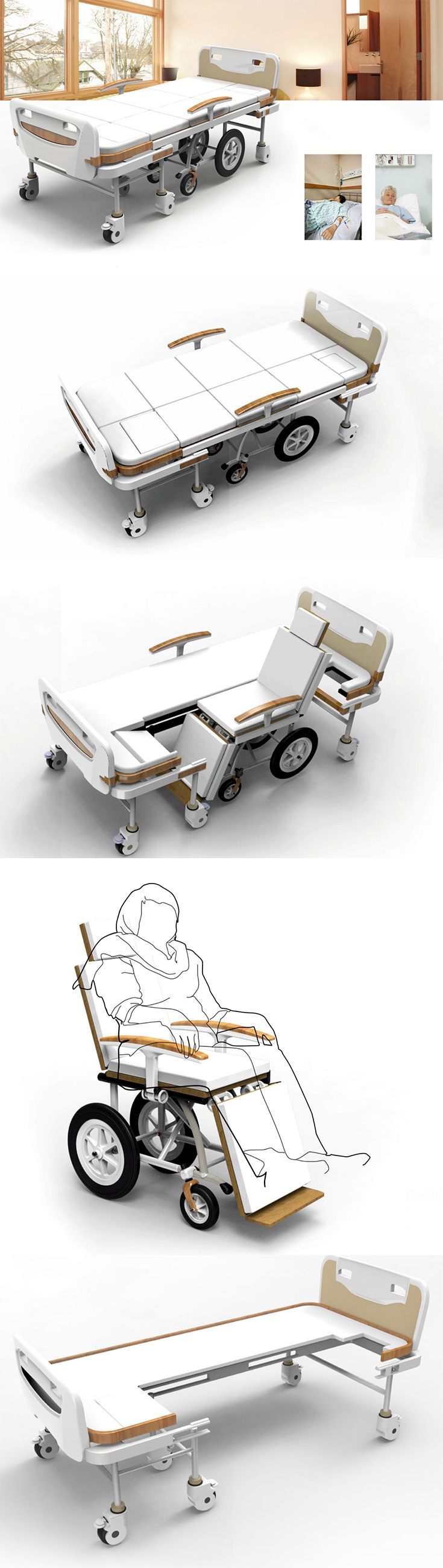 The LOHAS bed can be folded and transformed into a wheelchair in a matter of minutes without disturbing the patient with the help