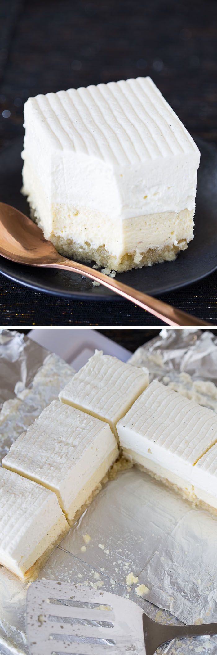 This recipe for Vanilla Bean Cheesecake bars on a buttery macadamia nut crust is easy, decadent, and delicious! A giant, beautiful